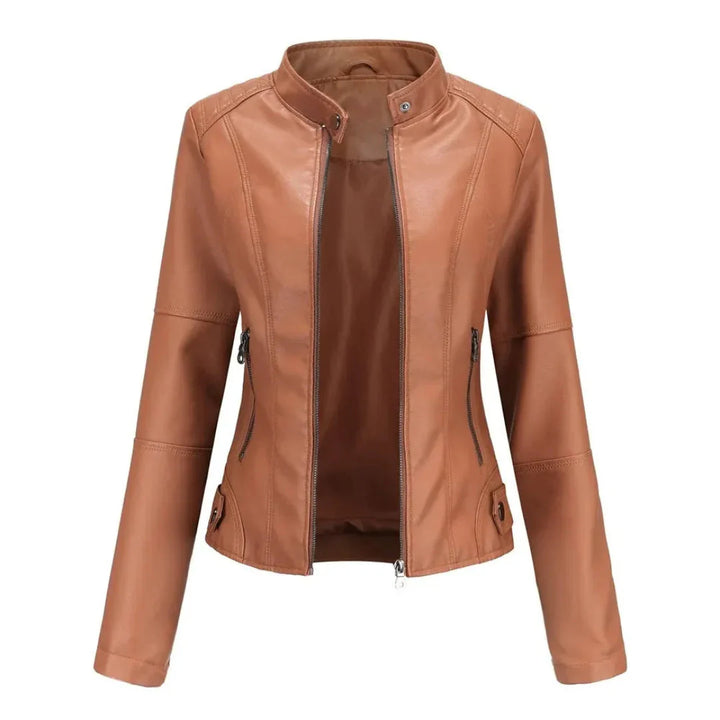Mandarin Collar Leather Jacket Camel