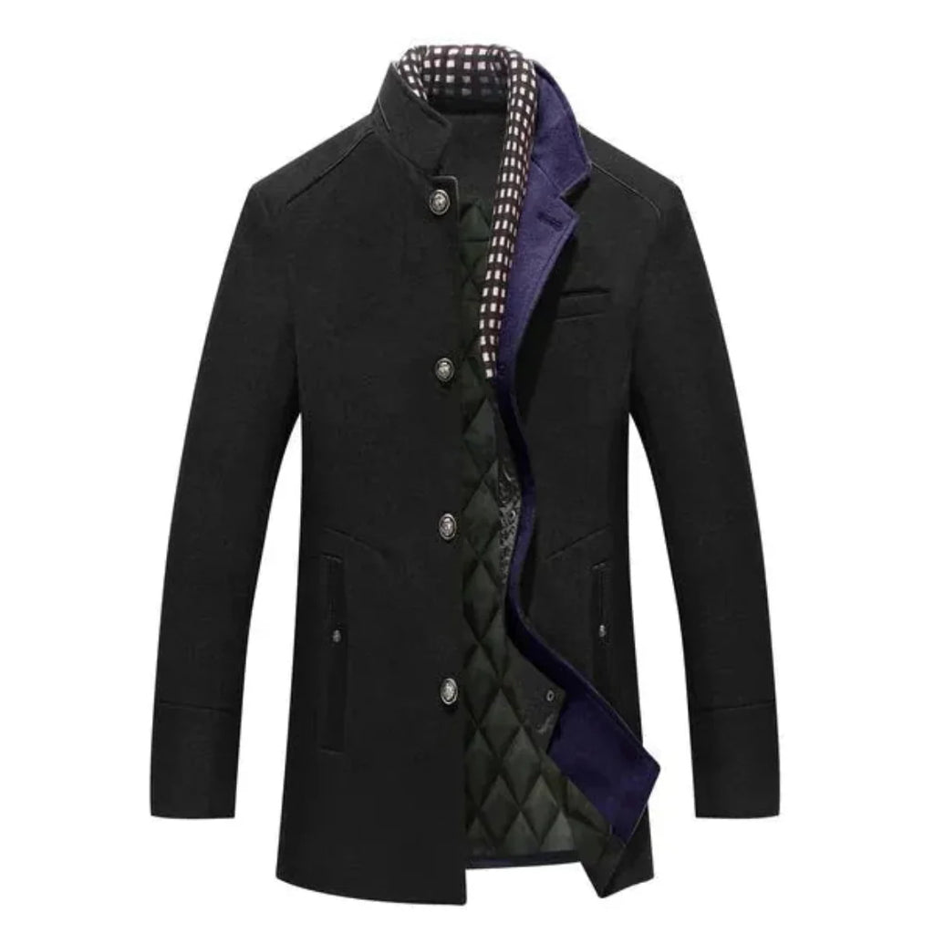 Stand Collar Wool Coat for Men Black