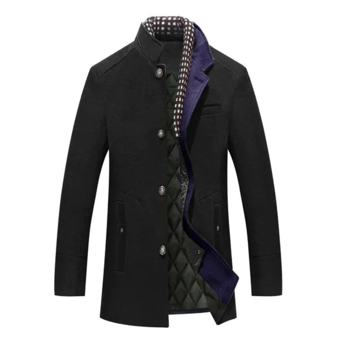 Stand Collar Wool Coat for Men Black