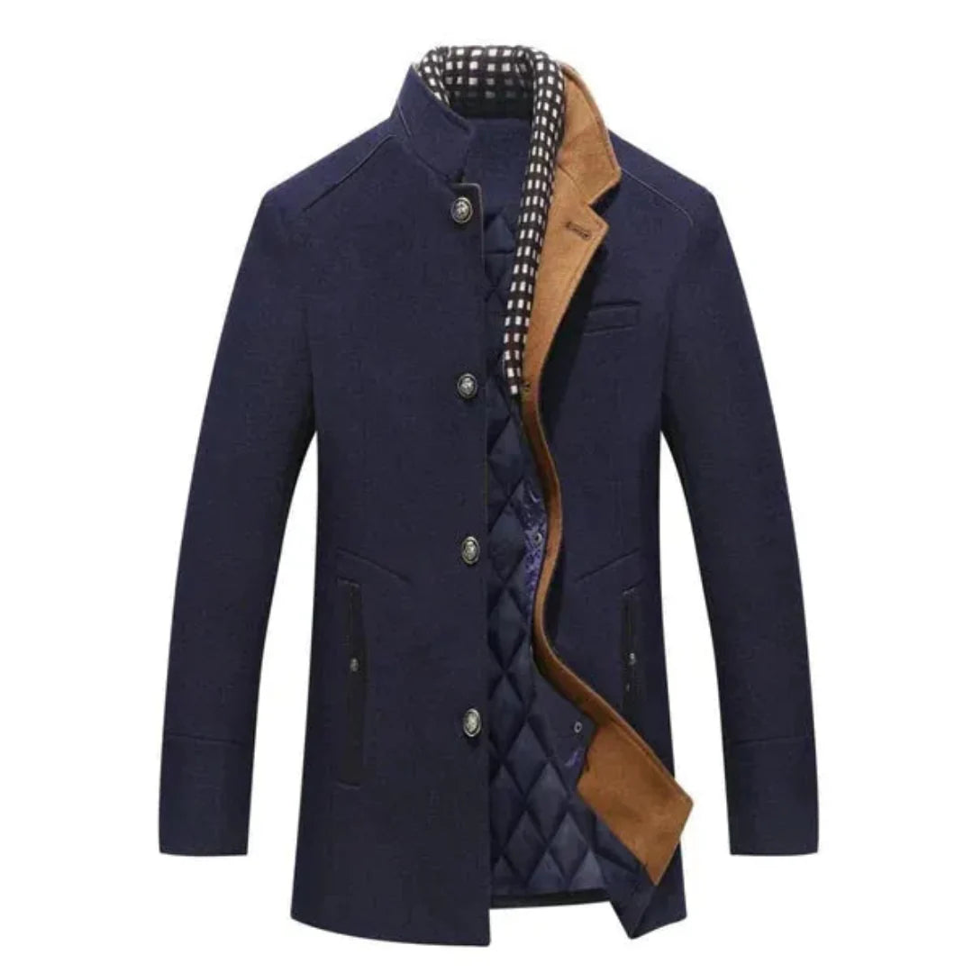 Stand Collar Wool Coat for Men Blue