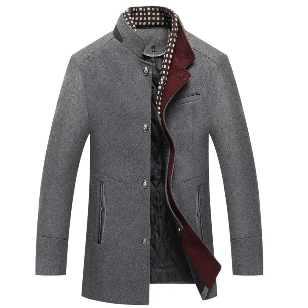Stand Collar Wool Coat for Men Gray