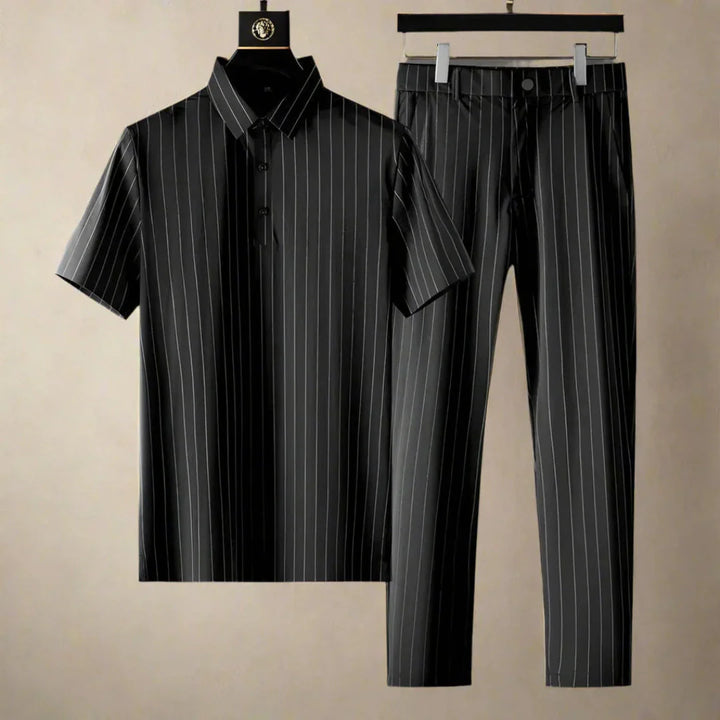 Pinstripe Polo Shirt & Slim Fit Pants Set-MODAUTLET