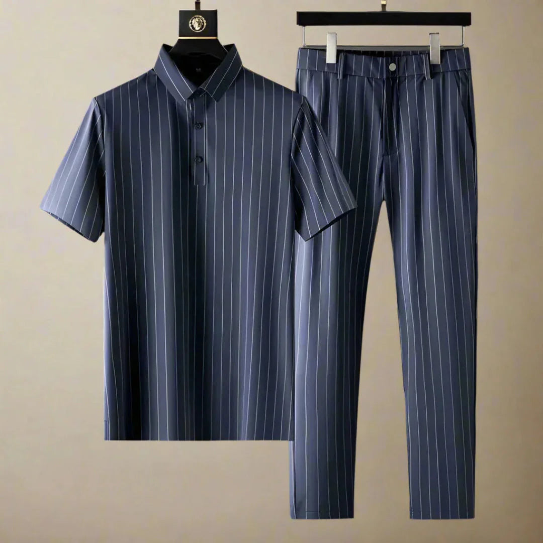 Pinstripe Polo Shirt & Slim Fit Pants Set-MODAUTLET