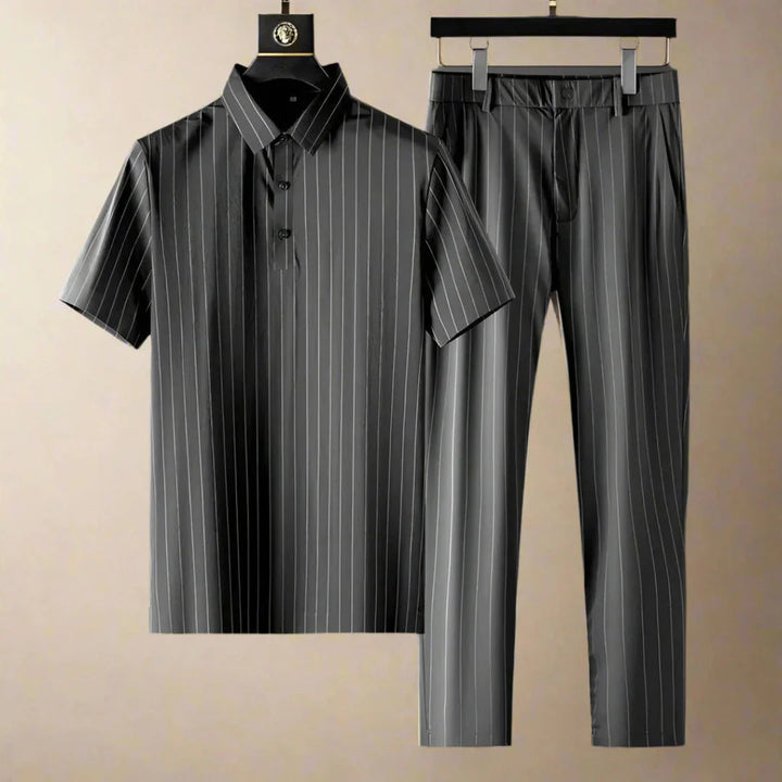 Pinstripe Polo Shirt & Slim Fit Pants Set-MODAUTLET