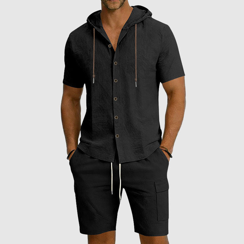 Mason | Men's Hooded Linen Button-Down Cargo Outfit-MODAUTLET