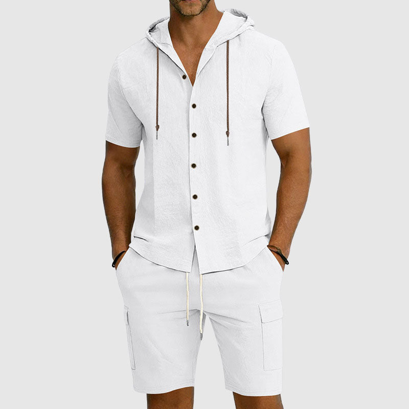 Mason | Men's Hooded Linen Button-Down Cargo Outfit-MODAUTLET