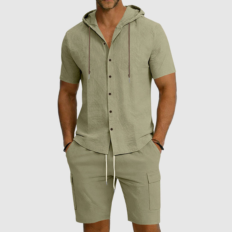 Mason | Men's Hooded Linen Button-Down Cargo Outfit-MODAUTLET