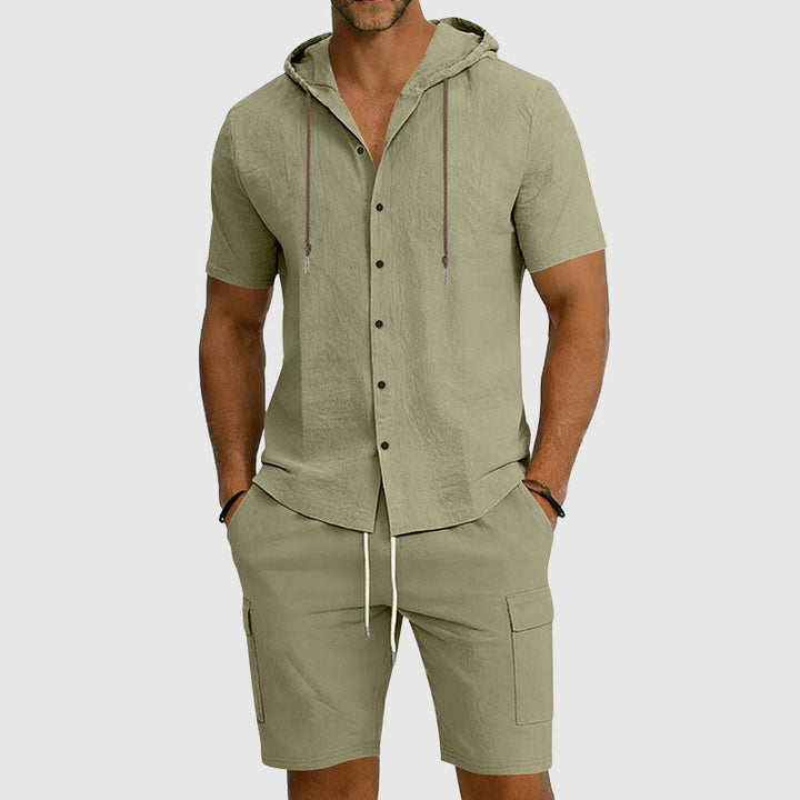 Mason | Men's Hooded Linen Button-Down Cargo Outfit-MODAUTLET