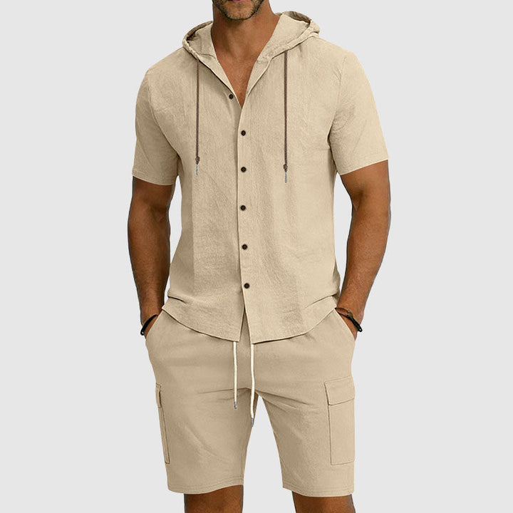 Mason | Men's Hooded Linen Button-Down Cargo Outfit-MODAUTLET