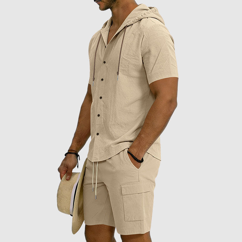 Mason | Men's Hooded Linen Button-Down Cargo Outfit-MODAUTLET