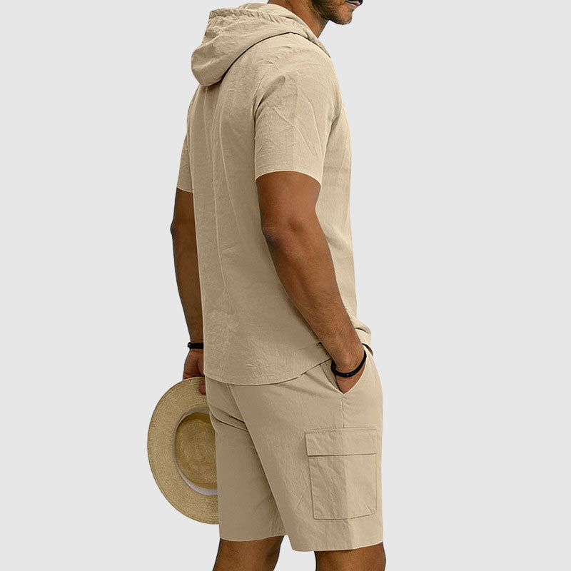 Mason | Men's Hooded Linen Button-Down Cargo Outfit-MODAUTLET
