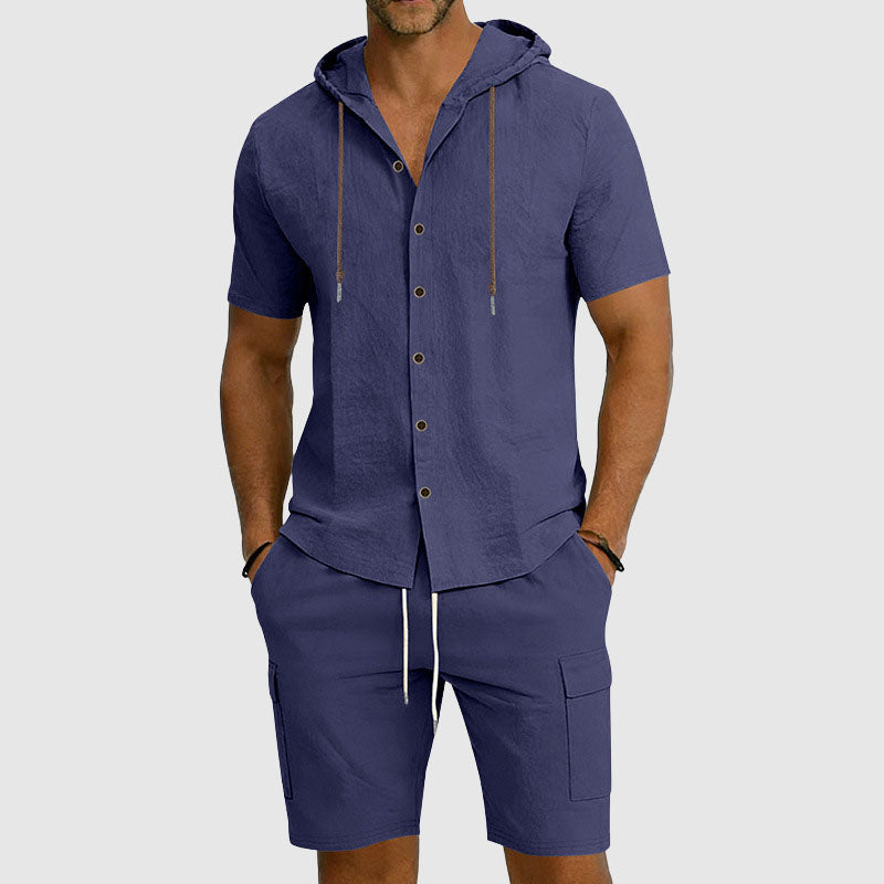 Mason | Men's Hooded Linen Button-Down Cargo Outfit-MODAUTLET