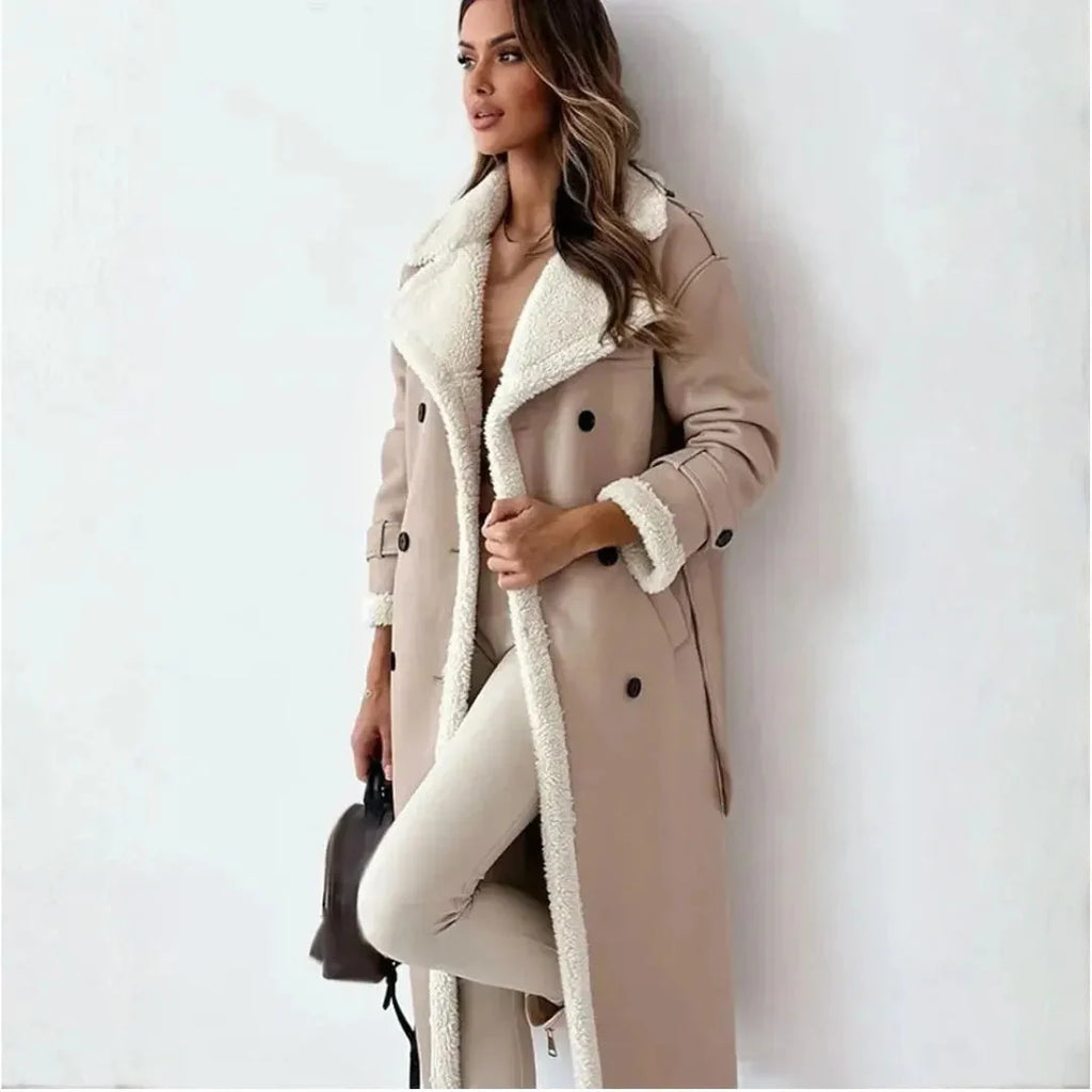 Double-Breasted Faux Shearling Coat Apricot