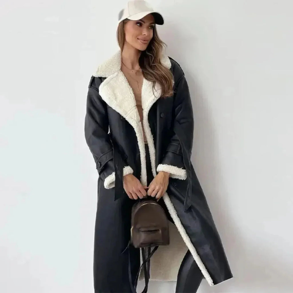 Double-Breasted Faux Shearling Coat Black