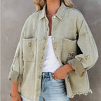 Distressed Denim Jacket for Trendy Style Light Green