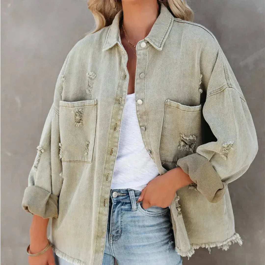Distressed Denim Jacket for Trendy Style Light Green