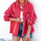 Distressed Denim Jacket for Trendy Style Red