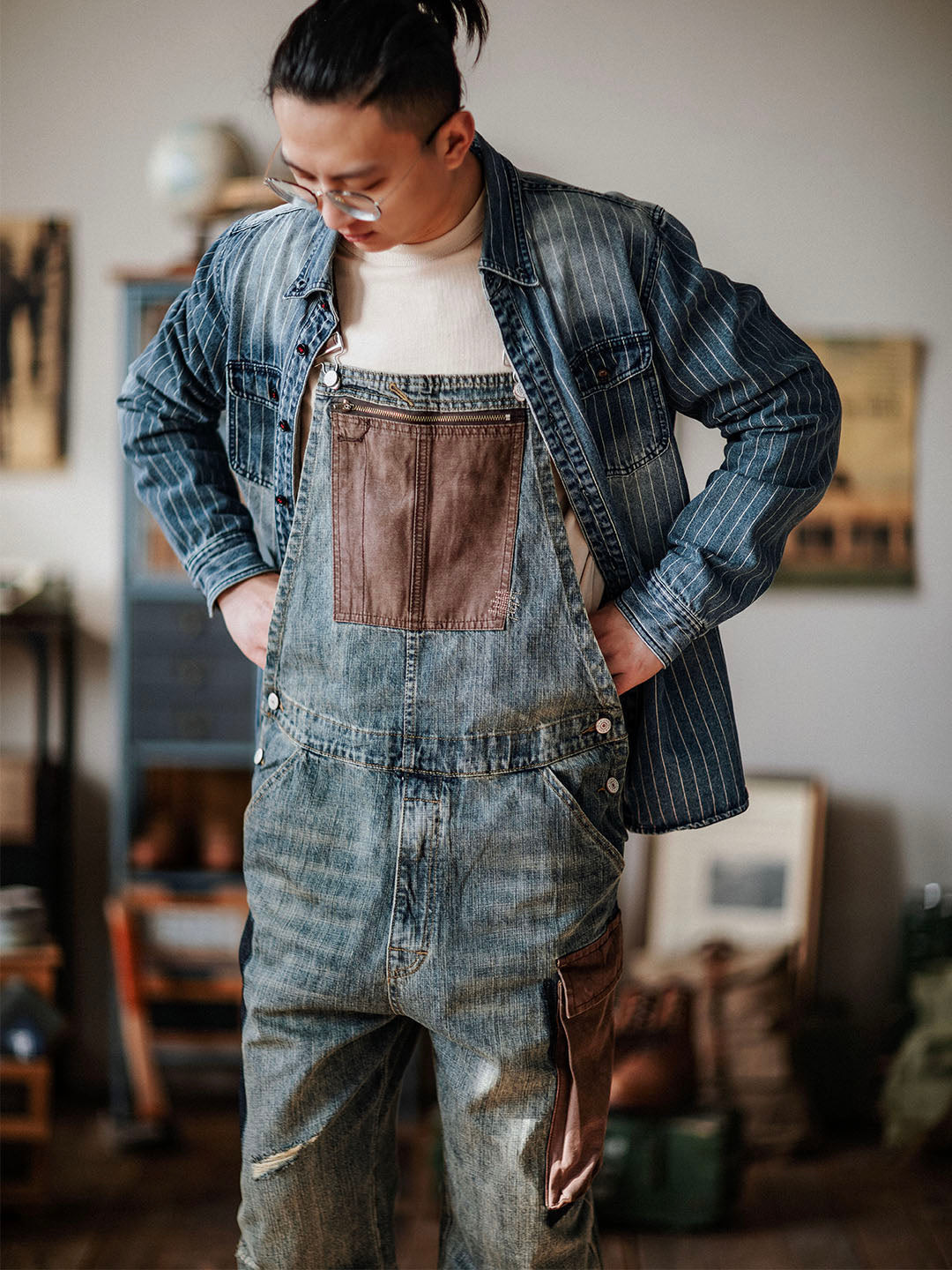 Men's Contrast Denim Overalls for Stylish Casual Wear