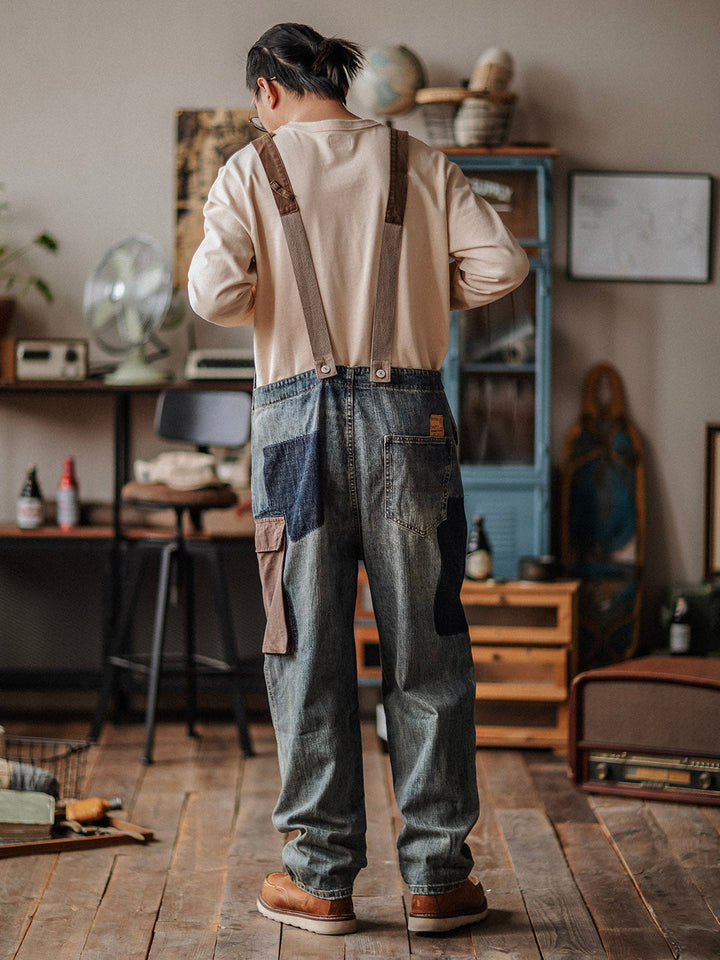Men's Contrast Denim Overalls for Stylish Casual Wear