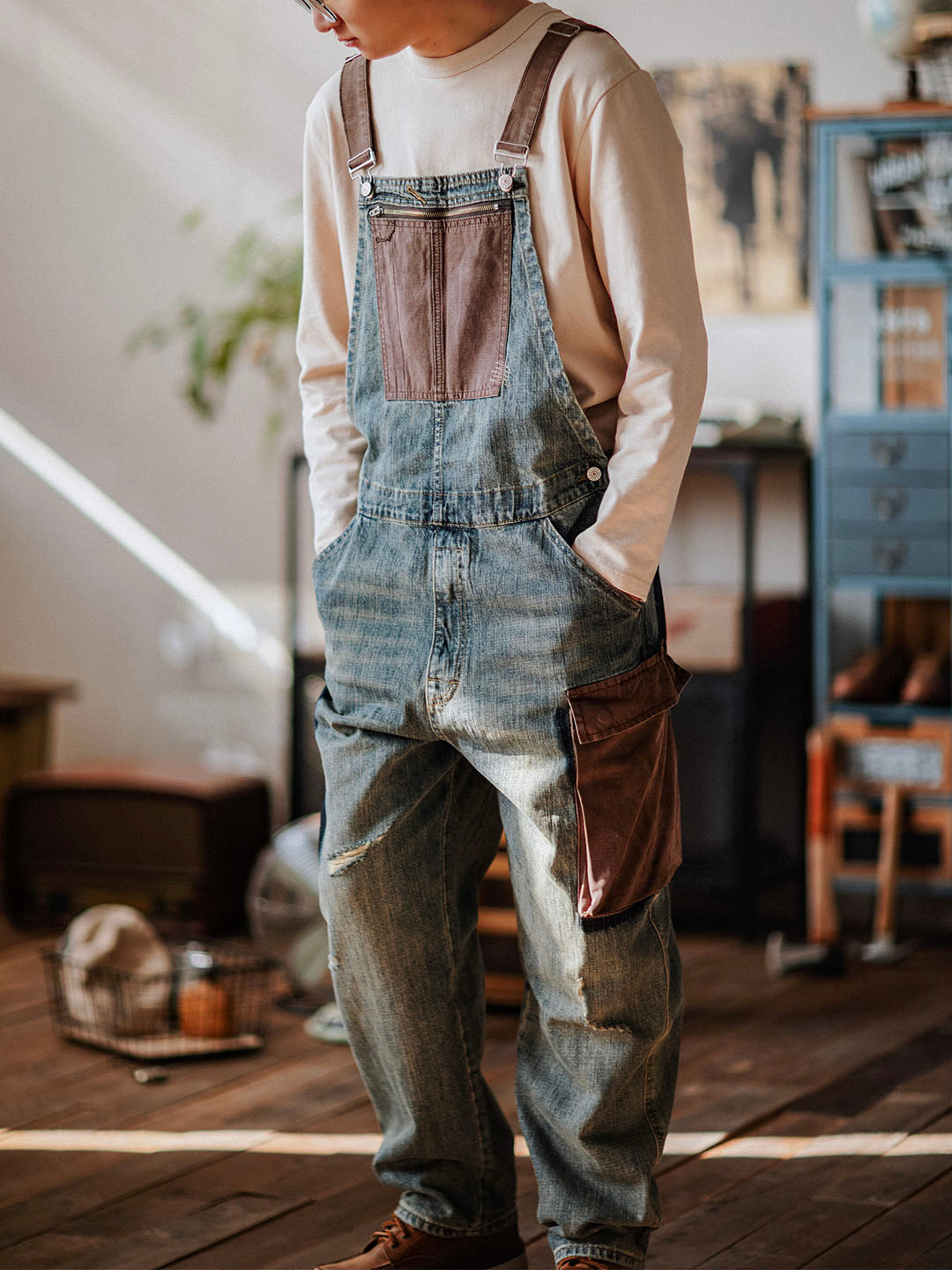 Men's Contrast Denim Overalls for Stylish Casual Wear