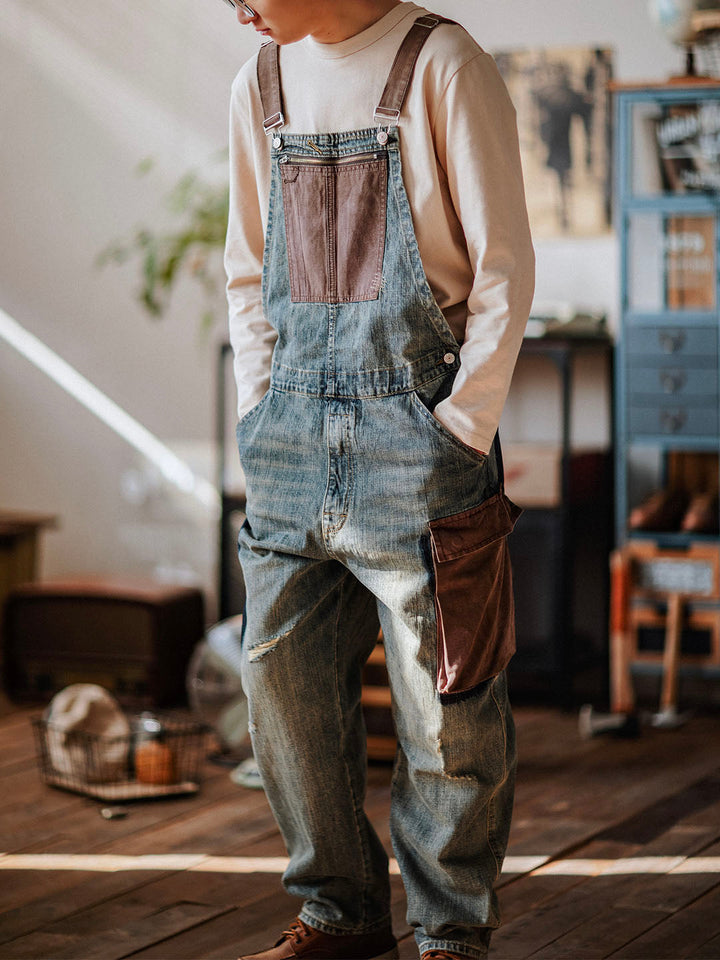 Men's Contrast Denim Overalls for Stylish Casual Wear