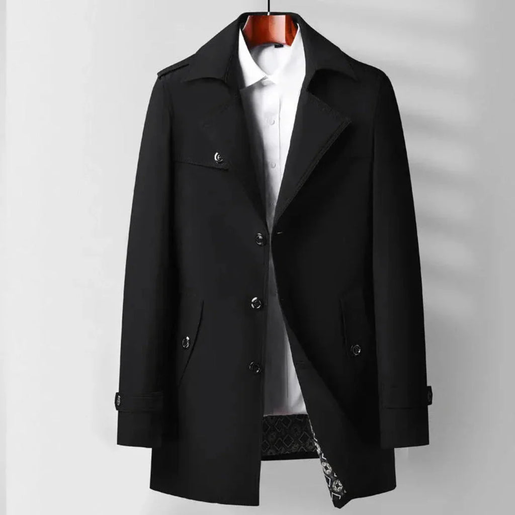Classic Mid-Length Trench Coat for Men Black