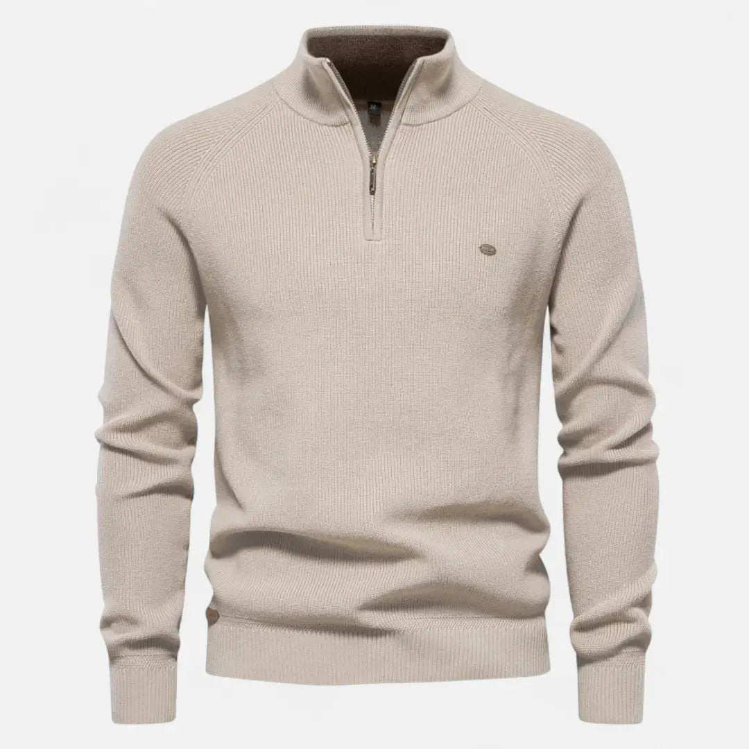 Men's Half-Zip Cotton Knit Pullover Beige