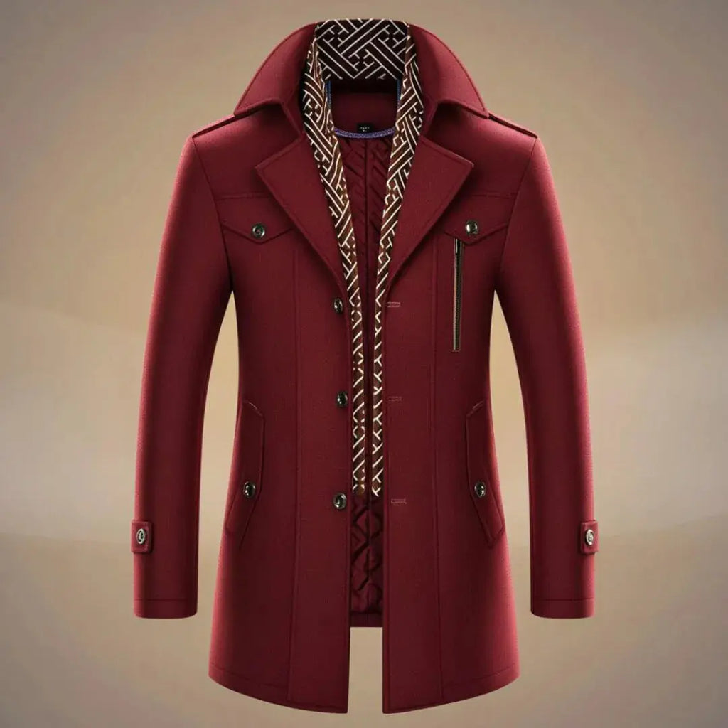 Men's Long Wool Overcoat - Stylish & Warm Outerwear Crimson Red