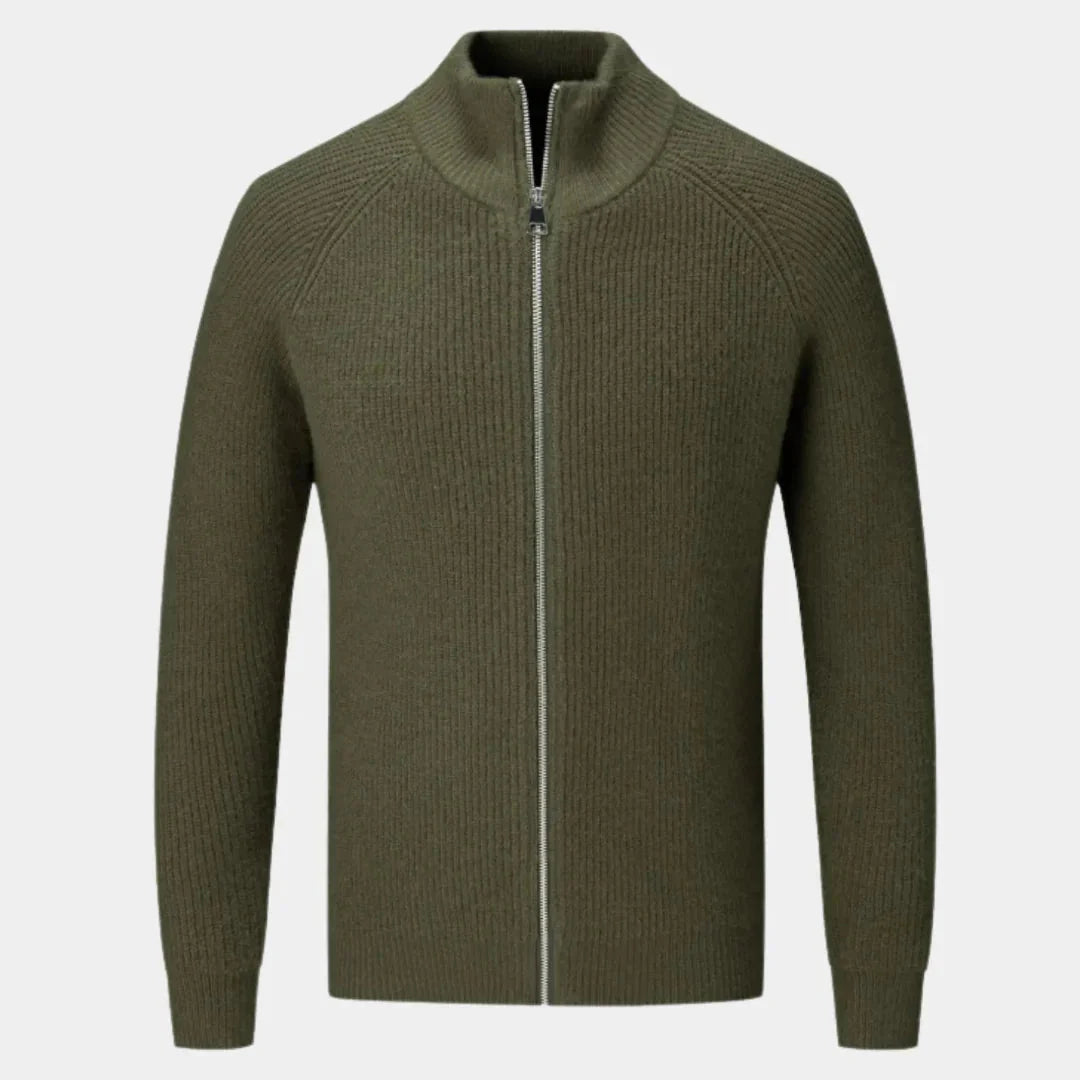 Men's Ribbed Zip Sweater - Stylish & Comfortable Olive