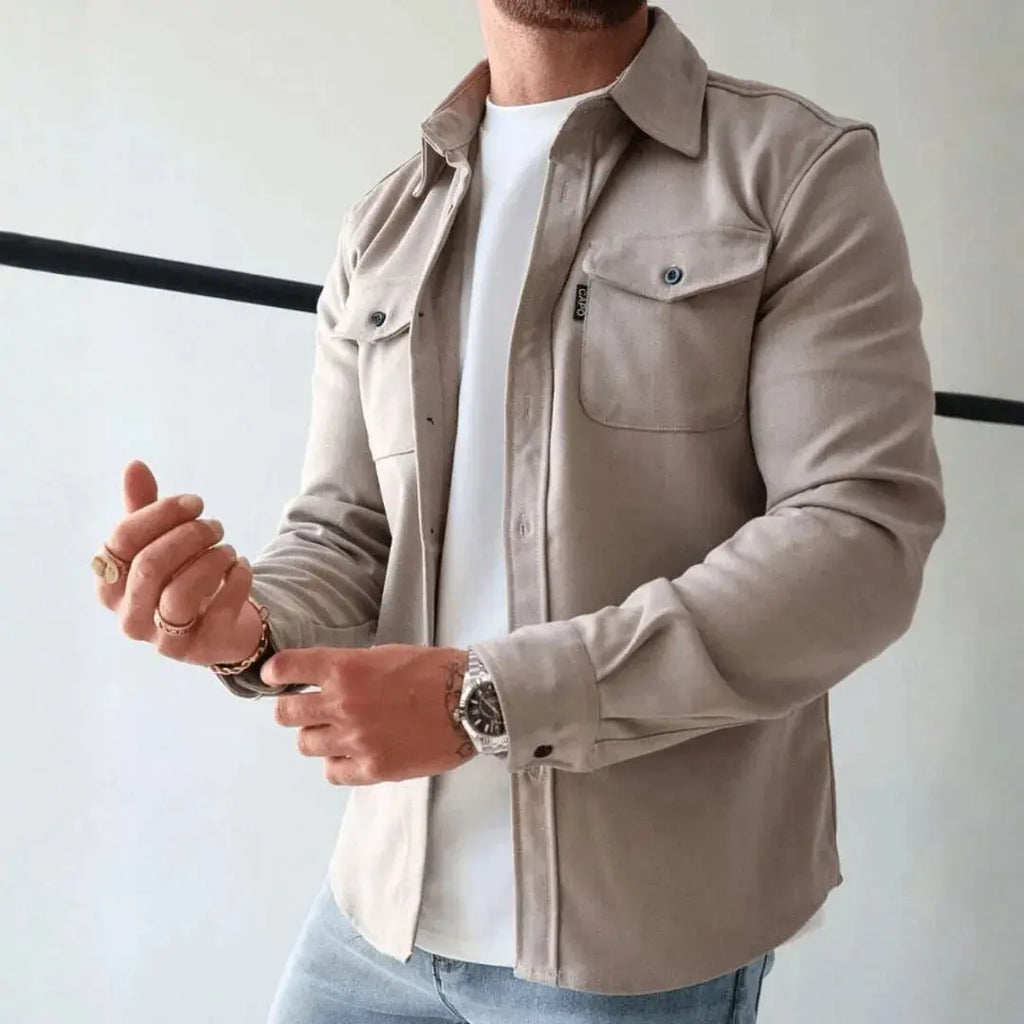 Men's Casual Structured Button-Up Overshirt Beige
