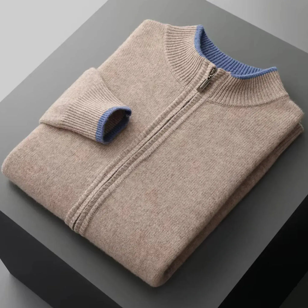 Men's Two-Tone Merino Wool Full-Zip Sweater Beige