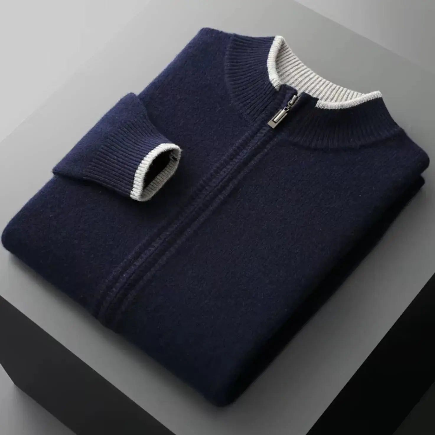 Men's Two-Tone Merino Wool Full-Zip Sweater Dark Blue