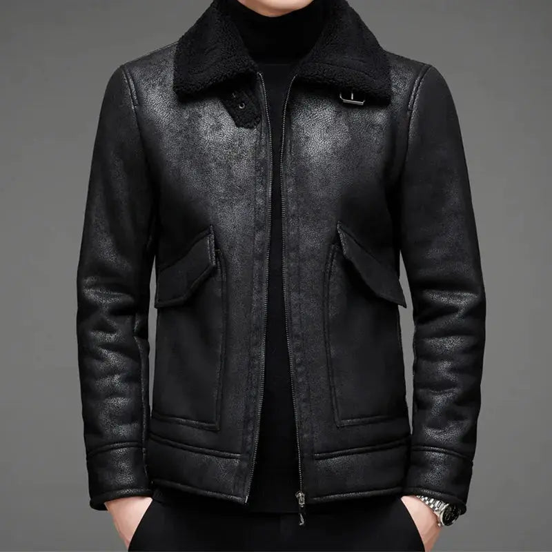 Vintage Shearling Aviator Jacket for Men Black
