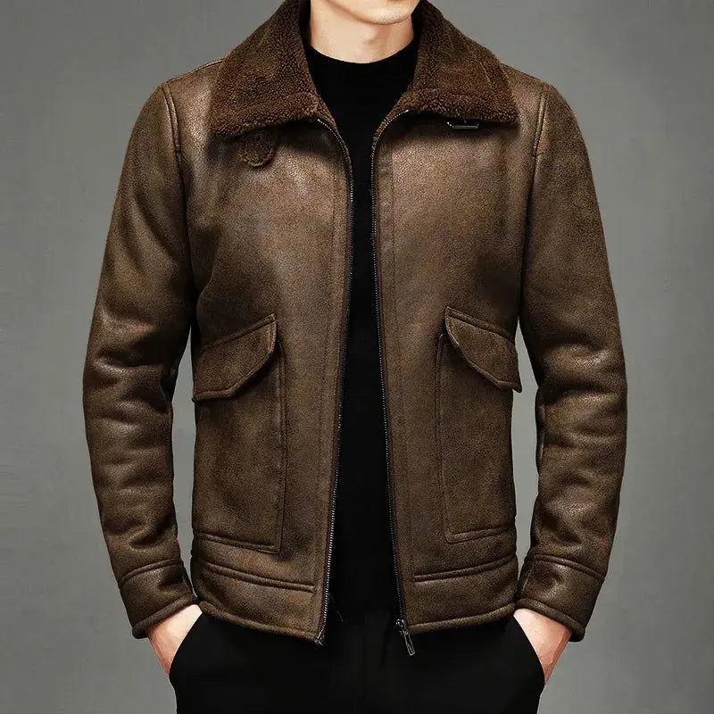 Vintage Shearling Aviator Jacket for Men Brown
