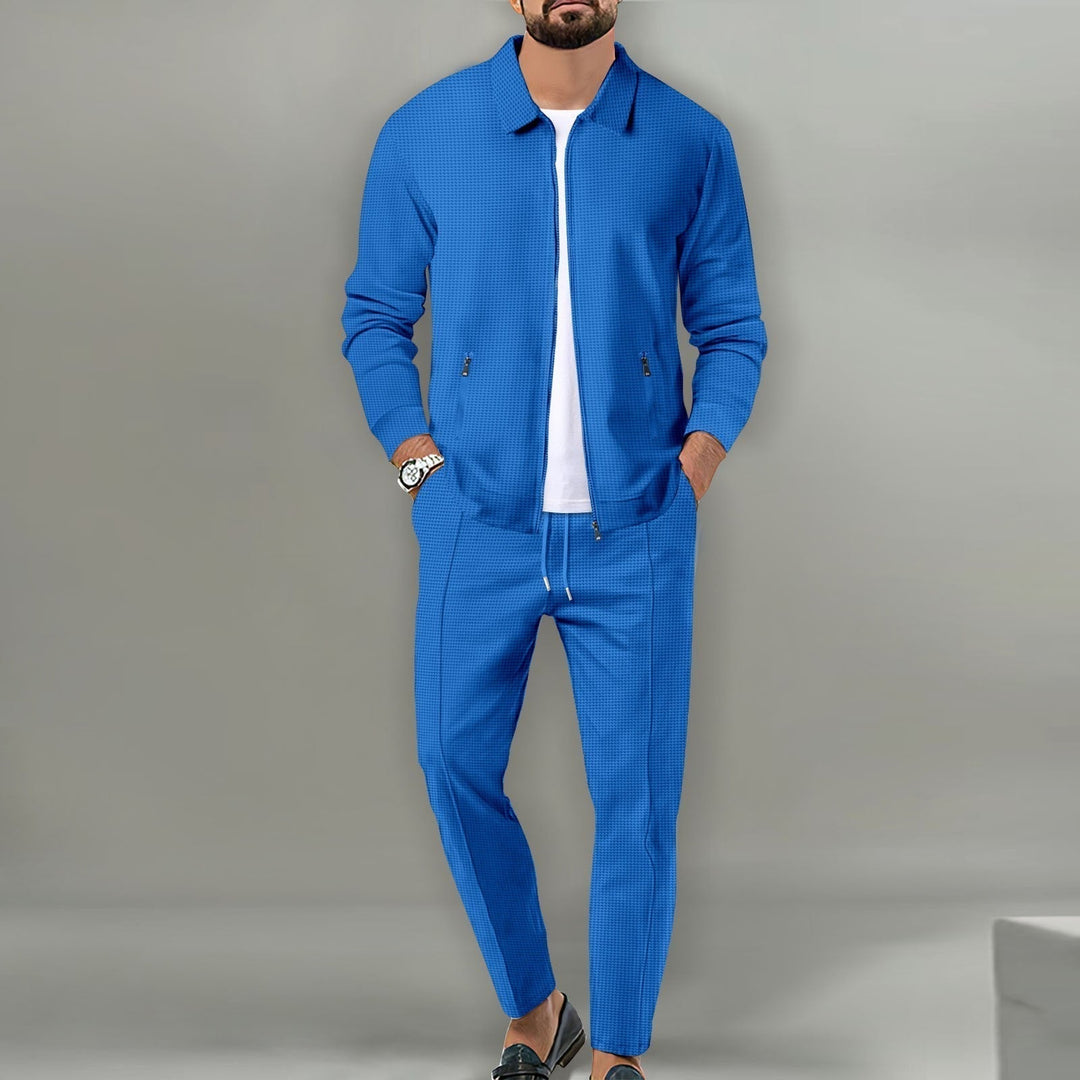 Men's Breathable Waffle Knit 2-Piece Set with Zippered Lapel Cardigan and Pants Blue