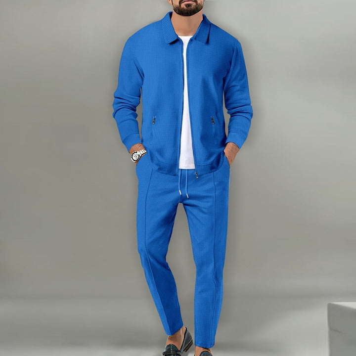 Men's Breathable Waffle Knit 2-Piece Set with Zippered Lapel Cardigan and Pants Blue