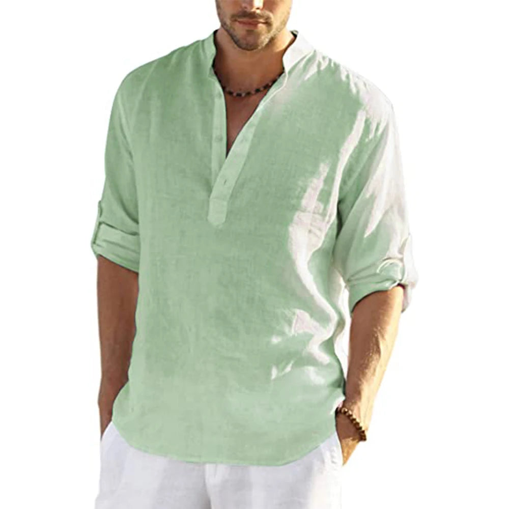 Men's Casual Cotton Linen Long Sleeve Shirt for Four Season-MODAUTLET