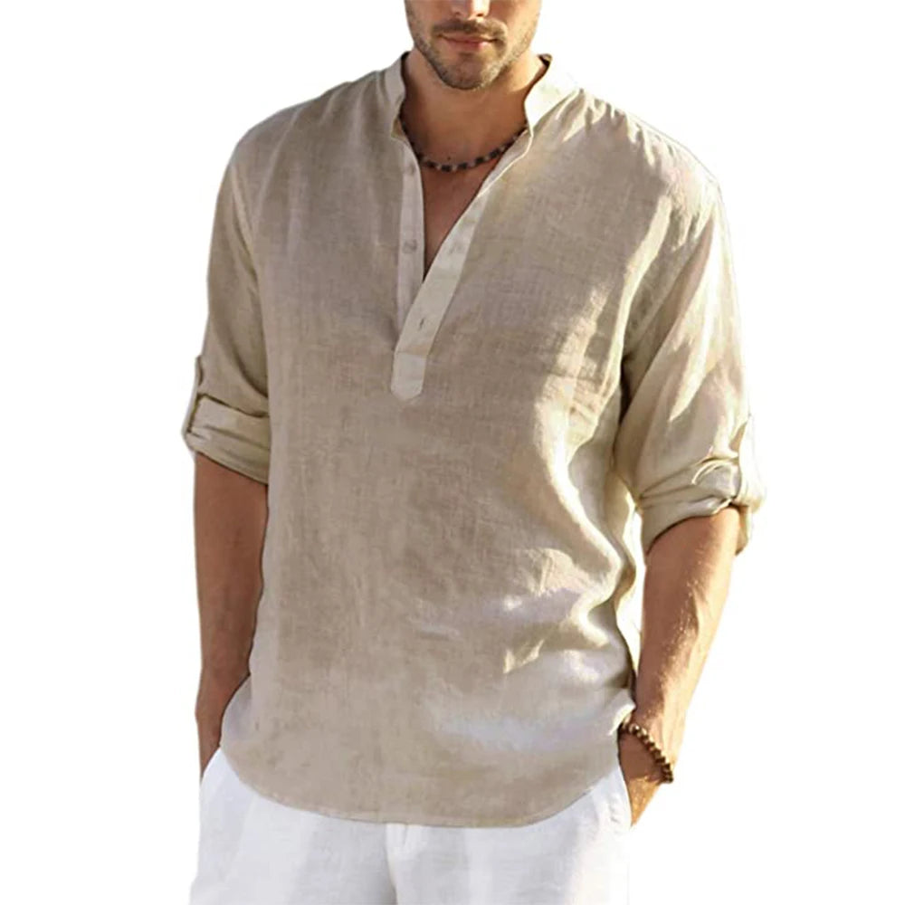 Men's Casual Cotton Linen Long Sleeve Shirt for Four Season-MODAUTLET