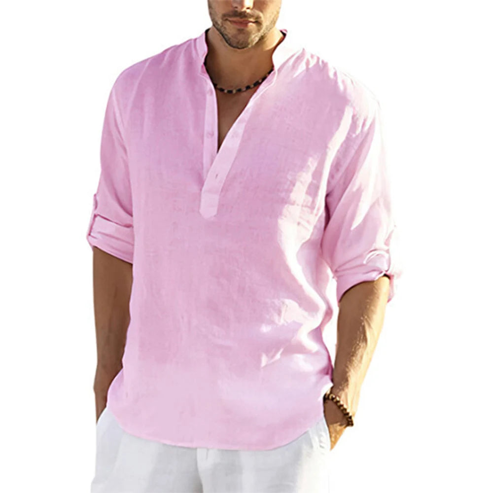 Men's Casual Cotton Linen Long Sleeve Shirt for Four Season-MODAUTLET