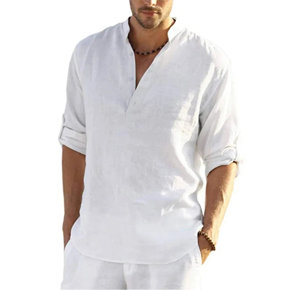 Men's Casual Cotton Linen Long Sleeve Shirt for Four Season-MODAUTLET