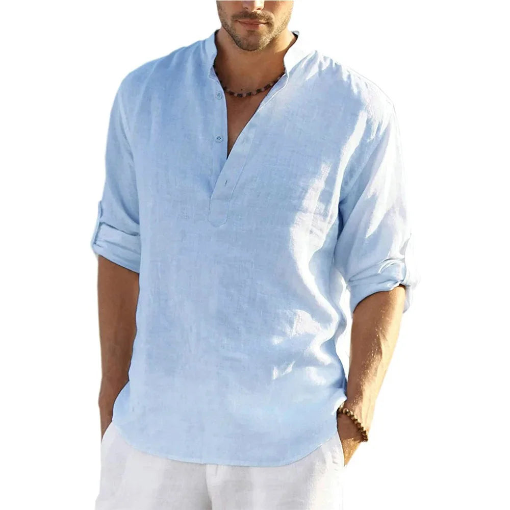 Men's Casual Cotton Linen Long Sleeve Shirt for Four Season-MODAUTLET