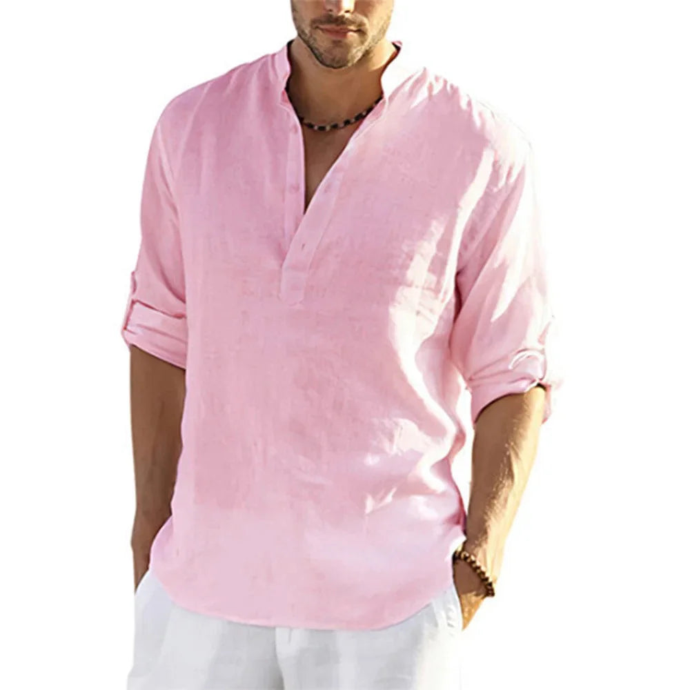 Men's Casual Cotton Linen Long Sleeve Shirt for Four Season-MODAUTLET