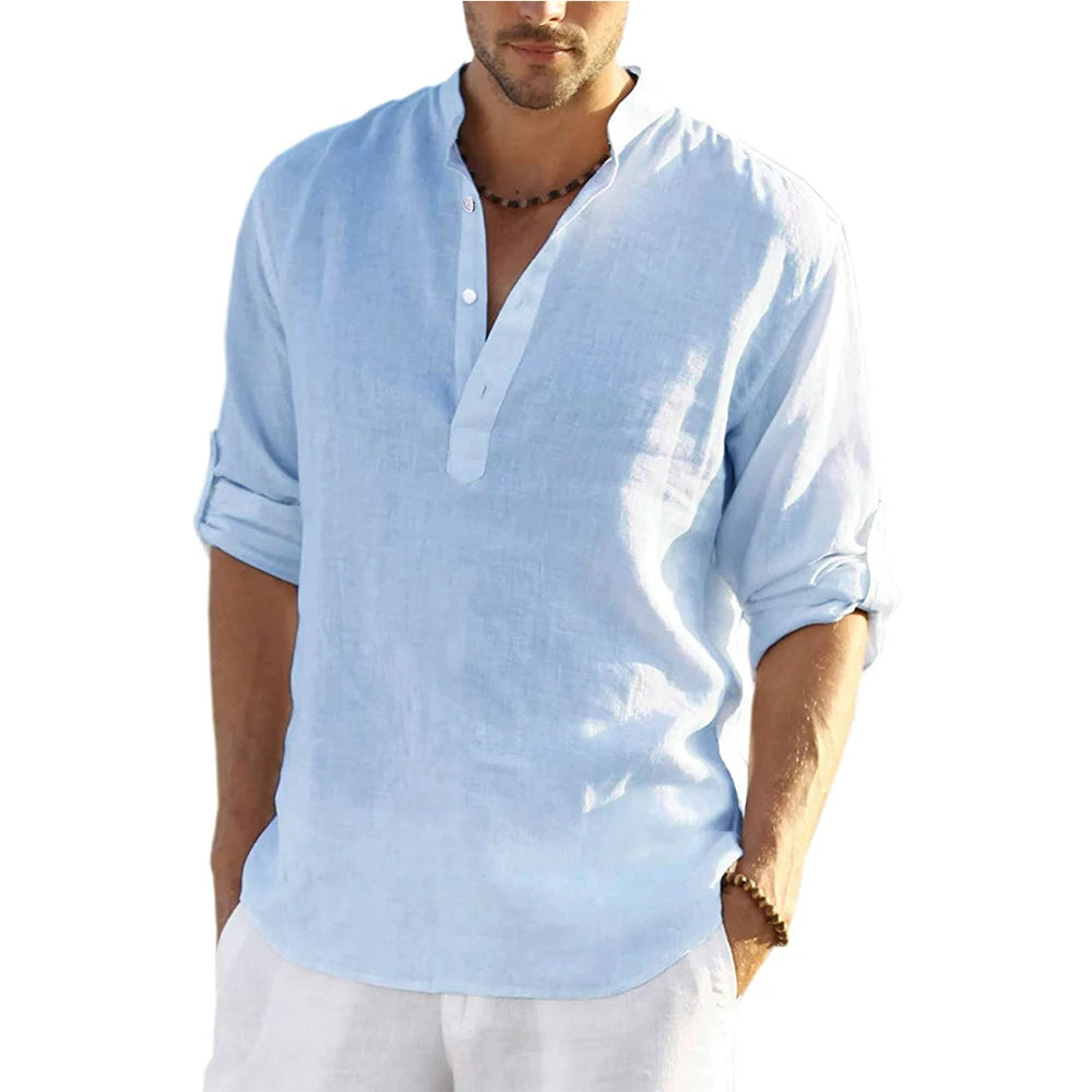 Men's Casual Cotton Linen Long Sleeve Shirt for Four Season-MODAUTLET