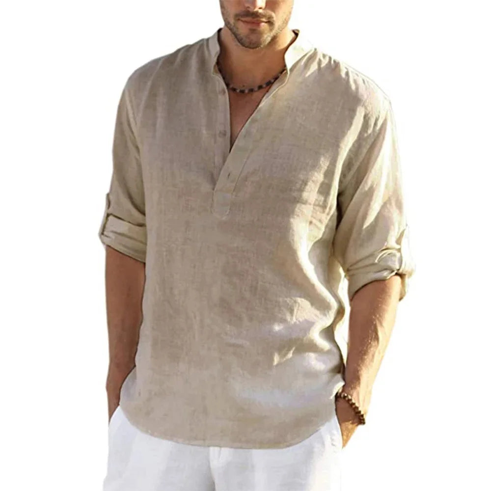 Men's Casual Cotton Linen Long Sleeve Shirt for Four Season-MODAUTLET