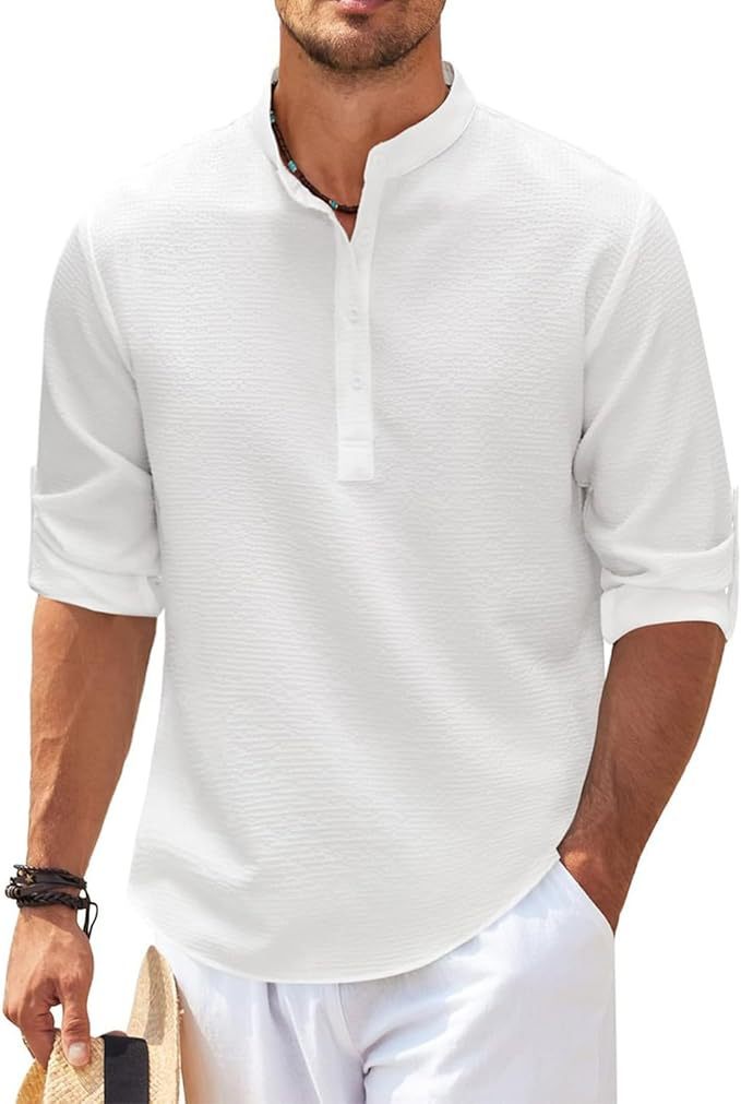 Men's Casual Long Sleeve Henley Shirt White