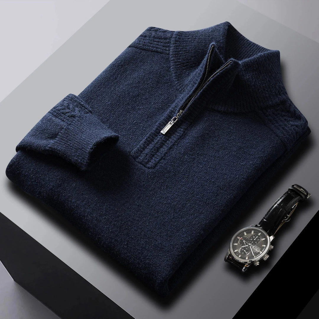 Men's Cozy Textured Cable Knit Quarter-Zip Sweater Navy Blue