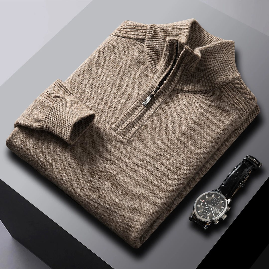 Men's Cozy Textured Cable Knit Quarter-Zip Sweater Khaki