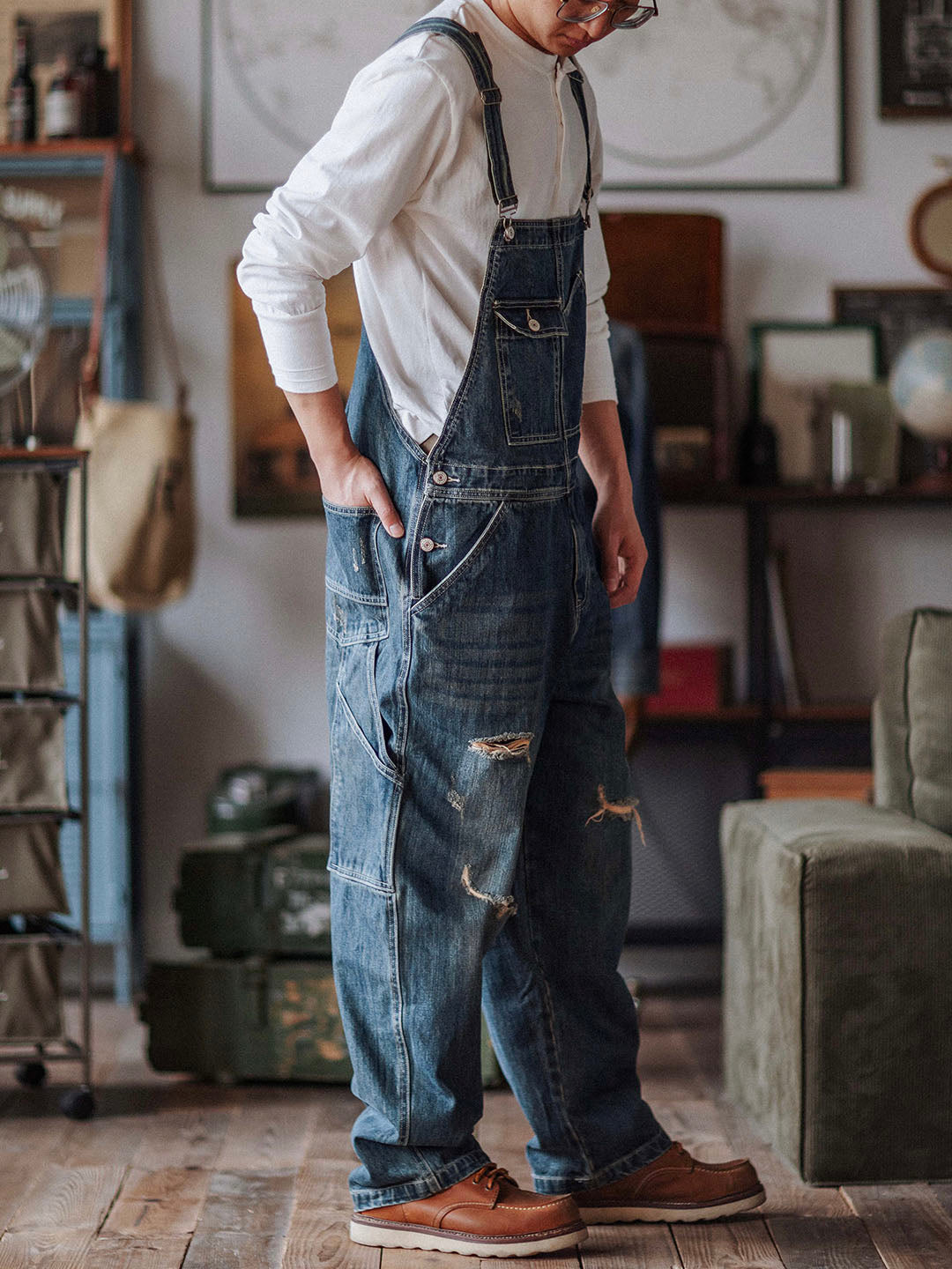 Men's Distressed Denim Bib Overalls Medium Blue