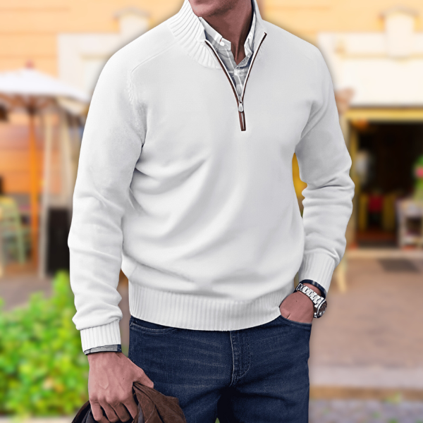 Men's Half Zip Knit Sweater for Casual Everyday Comfort White