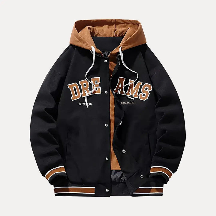 Men's Hooded Baseball Varsity Jacket Black